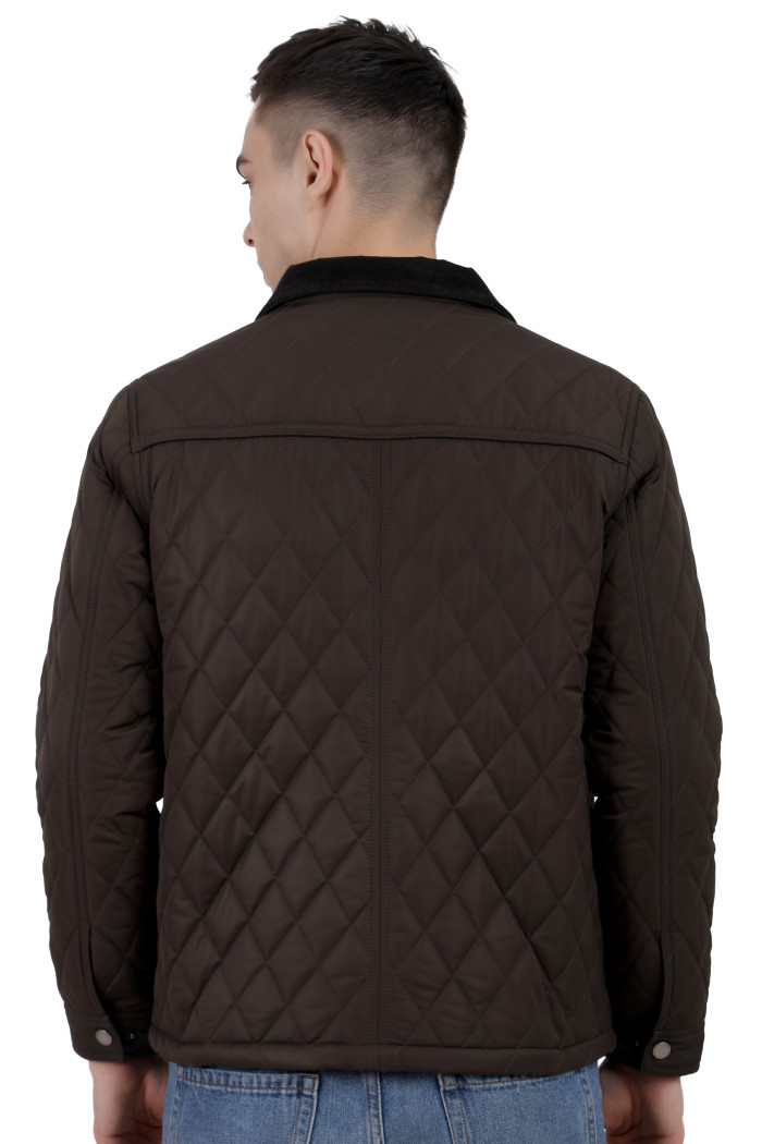 A back pose of a man wearing a Dark Olive quilted jacket with a collar neck, zipper closure and pocket in hand designed for casual winter layering and comfort.